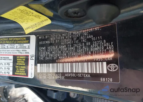 2012 Toyota Camry L from USA, damaged, VIN 4T4BF1FK7CR167721
